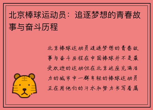 北京棒球运动员：追逐梦想的青春故事与奋斗历程